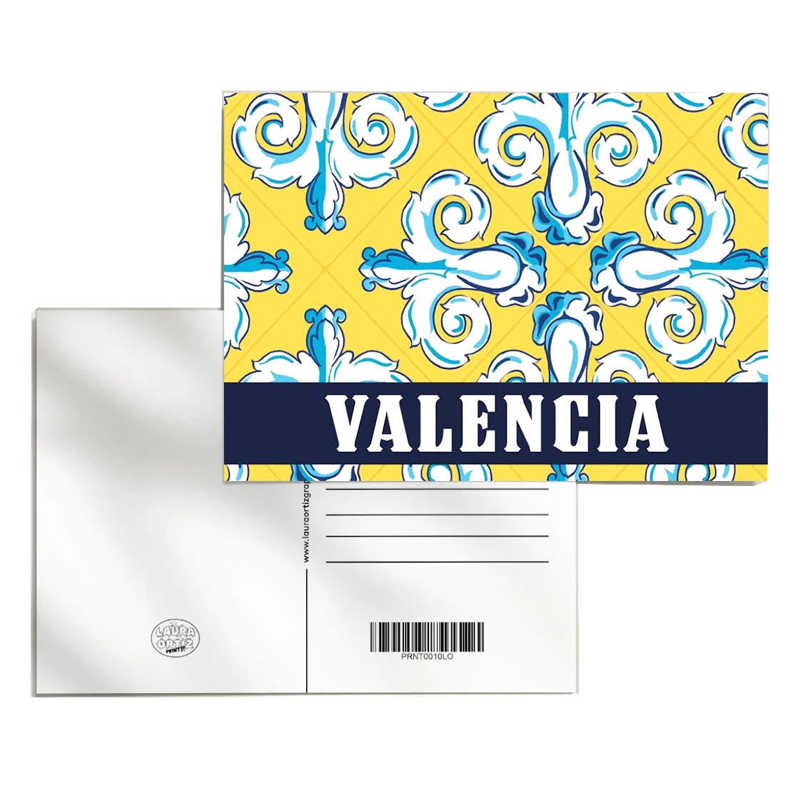 Postal y trasera con dibujo de azulejos color amarillo con detalles en azul y blanco con letrero negro y blanco de Valencia de Laura Ortiz