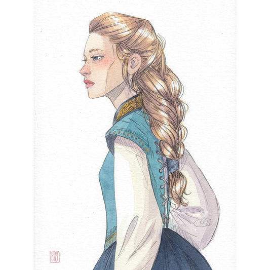 Postal con la ilustración de Esther Gili de Beatrice, la protagonista de Mucho ruido y pocas nueces de Shakespeare