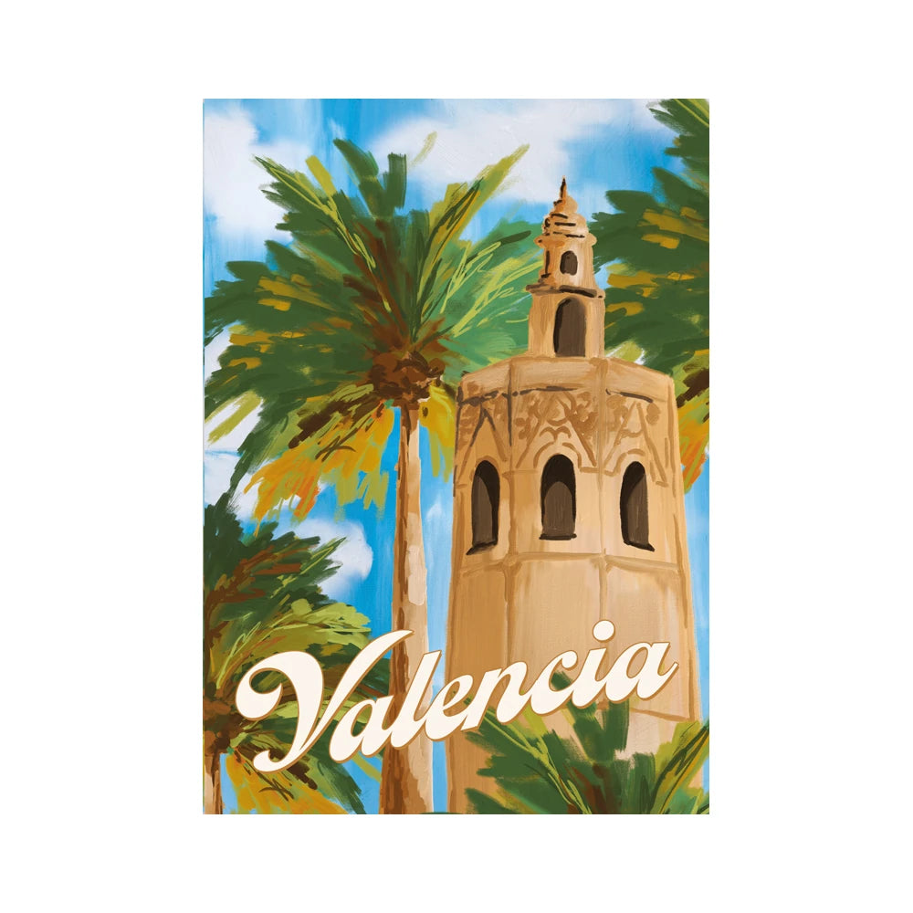 postal con ilustración del Miguelete de Valencia con palmeras de fondo y el texto "Valencia" abajo