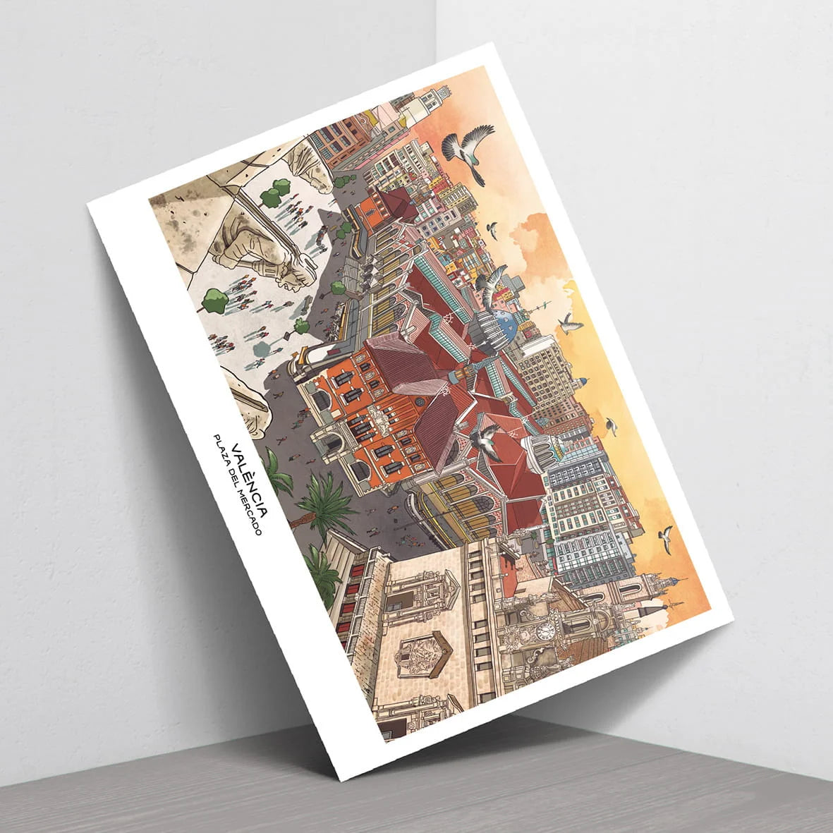 Postal con una ilustración de la plaza del mercado vista desde lo alto de la lonja de Valencia