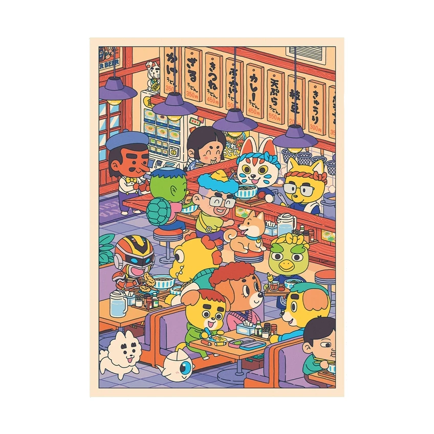 Postal con ilustración de personajes infantiles en un restaurante japones de Udón 