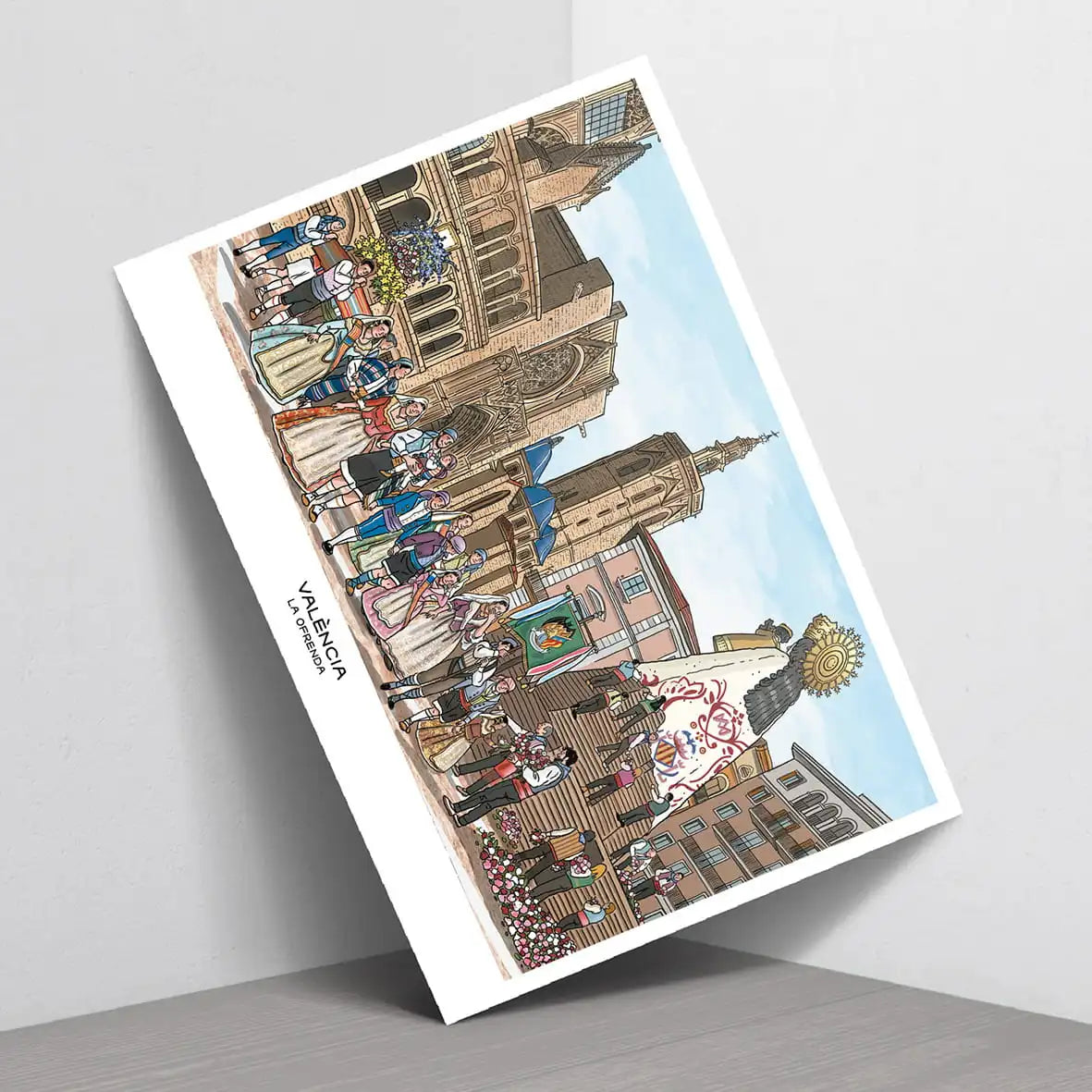 Postal con la ilustración de la Ofrenda de flores a la Virgen de los Desamparados en la Plaza de la Reina de València.