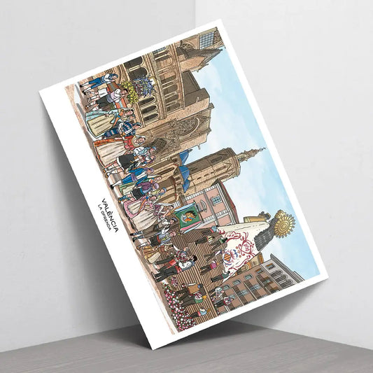 Postal con la ilustración de la Ofrenda de flores a la Virgen de los Desamparados en la Plaza de la Reina de València.