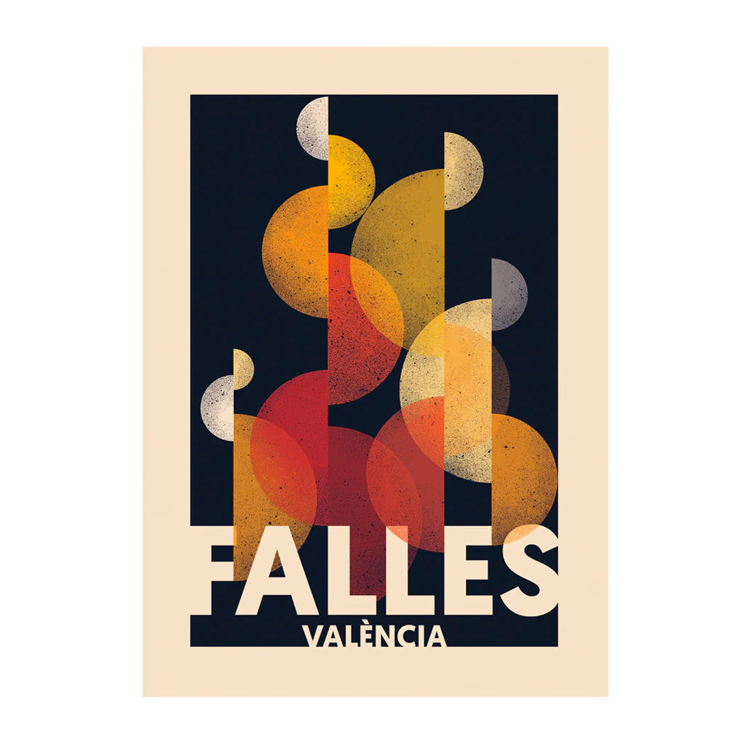 POstal con ilustración de Atypical representando el fuego de la cremà de las Fallas de Valencia 