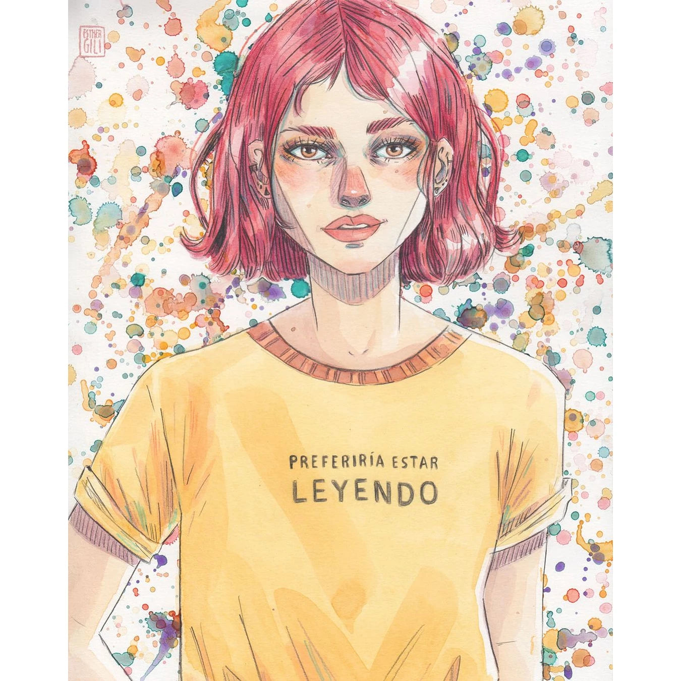 Ilustración de una chica con pelo rosa y camiseta amarilla con el mensaje "preferiría estar leyendo"