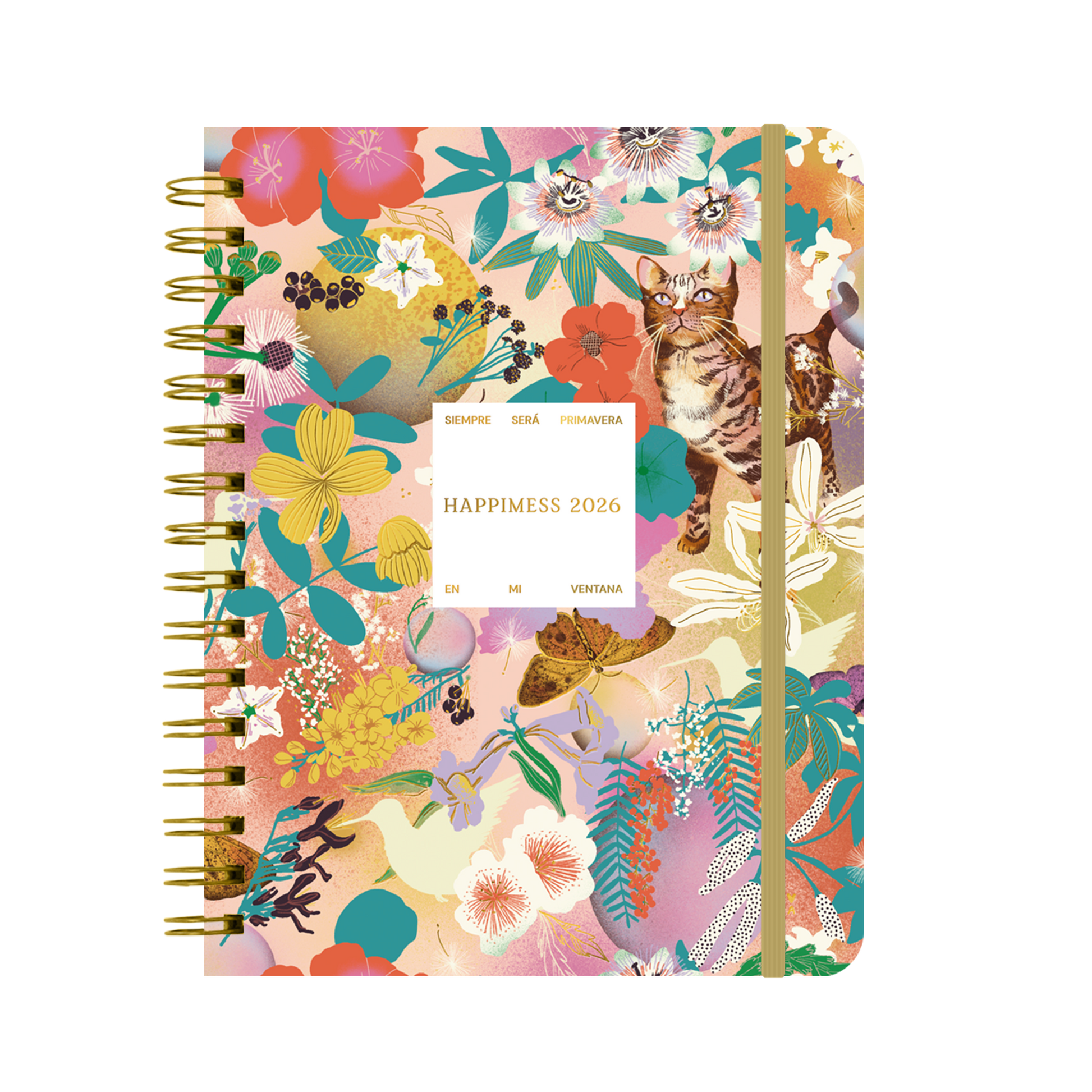 Portada con collage de animales y plantas de la agenda de Happimess 2026 Siempre será primavera en mi ventana, con organización semanal 