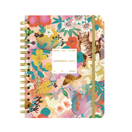 Portada con collage de animales y plantas de la agenda de Happimess 2026 Siempre será primavera en mi ventana, con organización semanal 