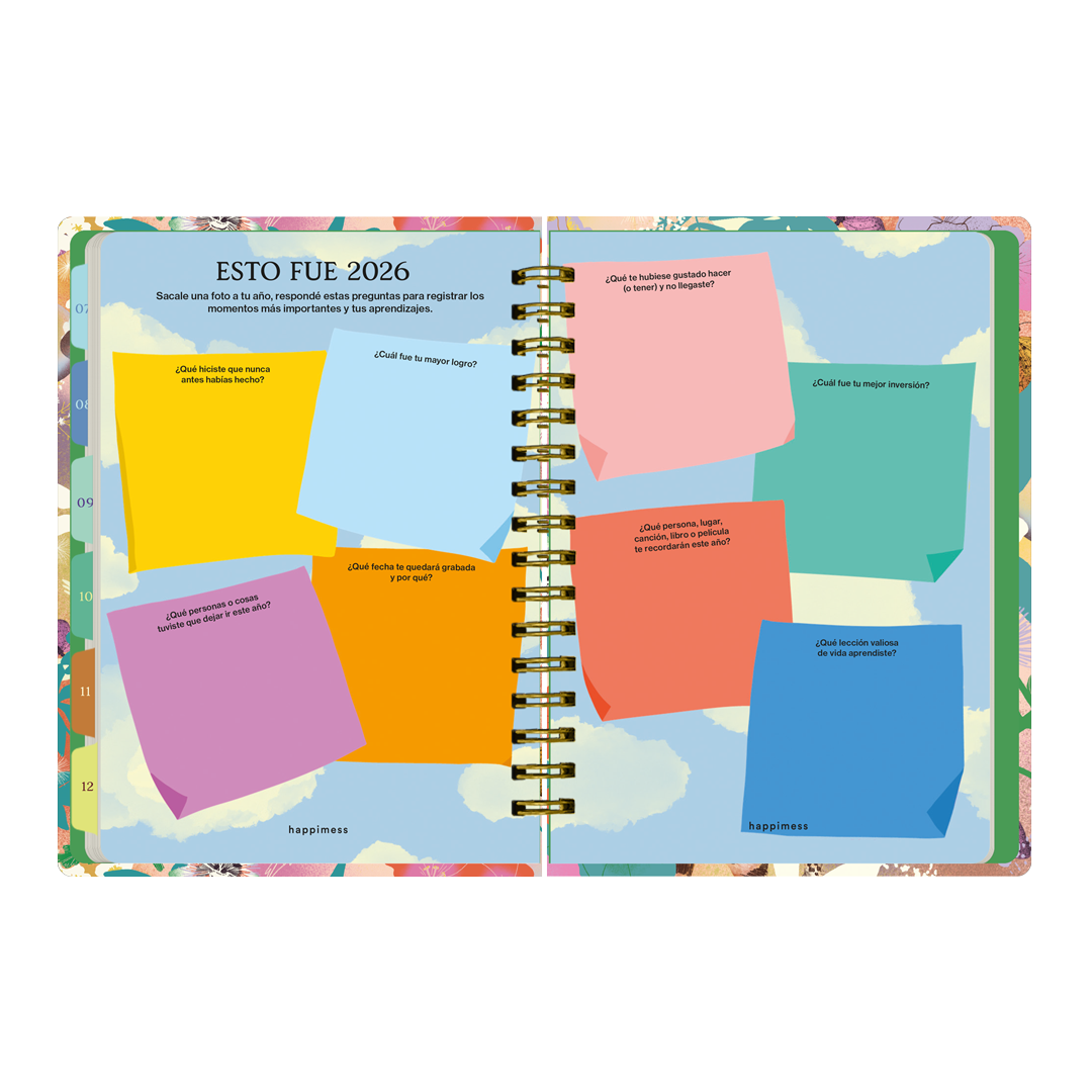 Páginas interiores de la agenda de Happimess 2026 Primavera, con espacio y disparadores para hacer balance anual