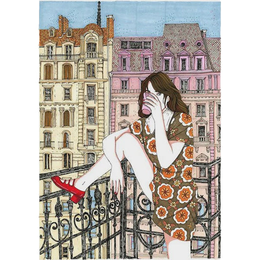 Print grande de 50x70 de Ana Jarén en la que aparece una mujer en un balcón con la pierna apoyada en la barandilla y zapatos rojos bebiendo un café con leche