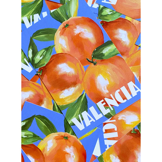 Láminas A5 con ilustración de tres naranjas y la palabra Valencia