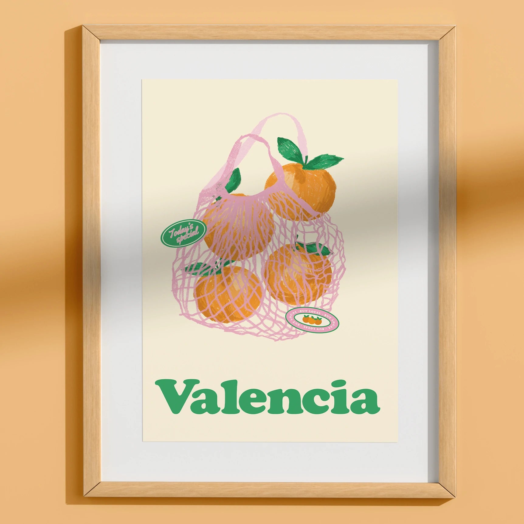 Print A5 con una bolsa de malla de naranjas de Valencia ilustrada por Laura Ortiz