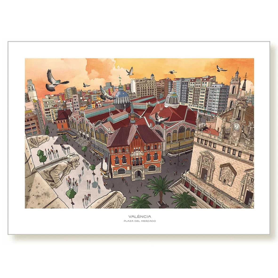 Print con ilustración de la plaza del mercado vista desde lo alto de la lonja de Valencia