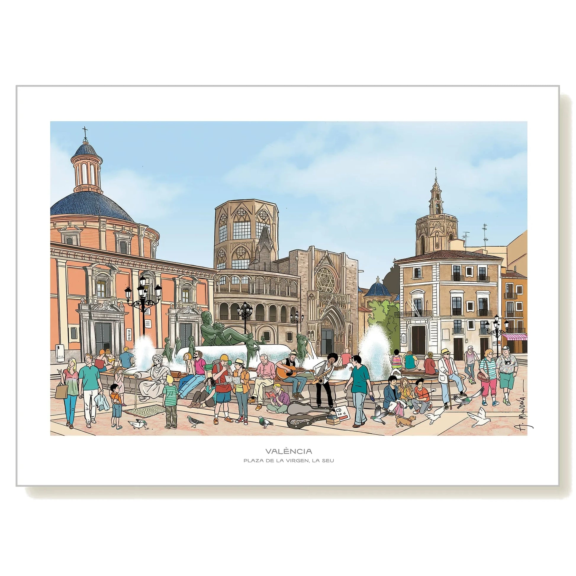 Lámina decorativa con ilustración de la plaza de la reina de VLC Prints en formato 50x70