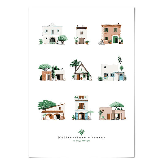 Ilustración de Borja Bonaque con 9 casas con arquitectura típica mediterránea: arraca, alquería...