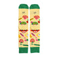 Parte trasera de los calcetines estampados con dibujos de flores, manzanas, lápices, cerezas y caracoles con el mensaje Profe gracias por hacerme sentir capaz