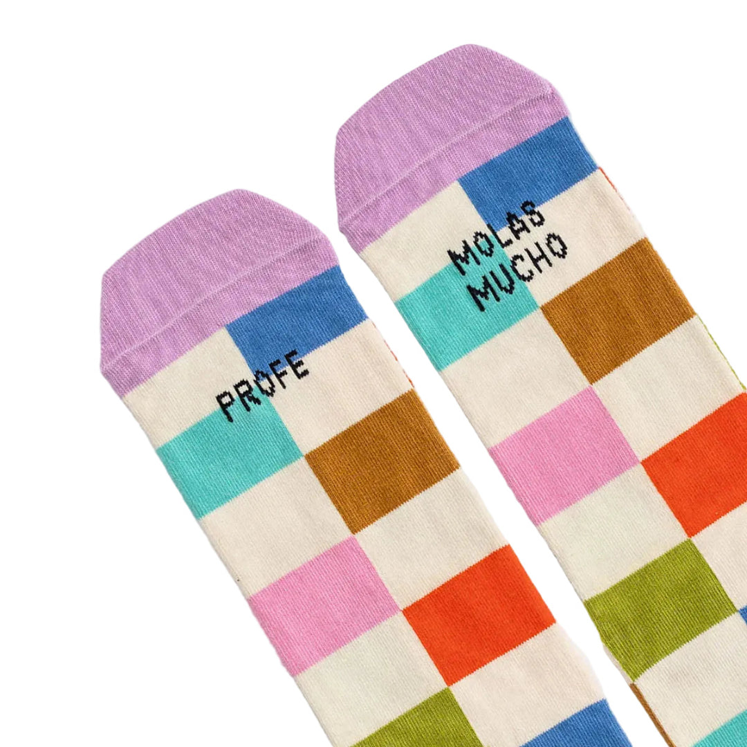 Detalle de la puntera de los calcetines a cuadros de colores con el mensaje "profe molas mucho"