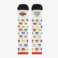 Par de calcetines UO Pulsa Start extendidos, con personajes multicolor, punteras negras y puños rojos sobre fondo blanco.