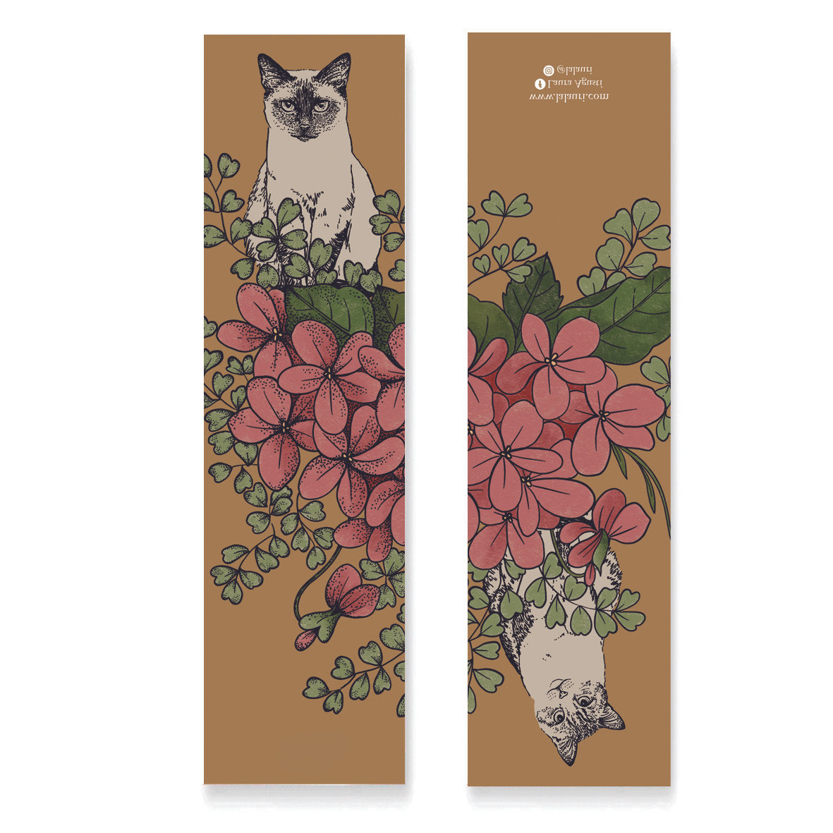 Punto de libro ilustrado por Laura Agustí con un gato siamés y flores por delante y por detrás