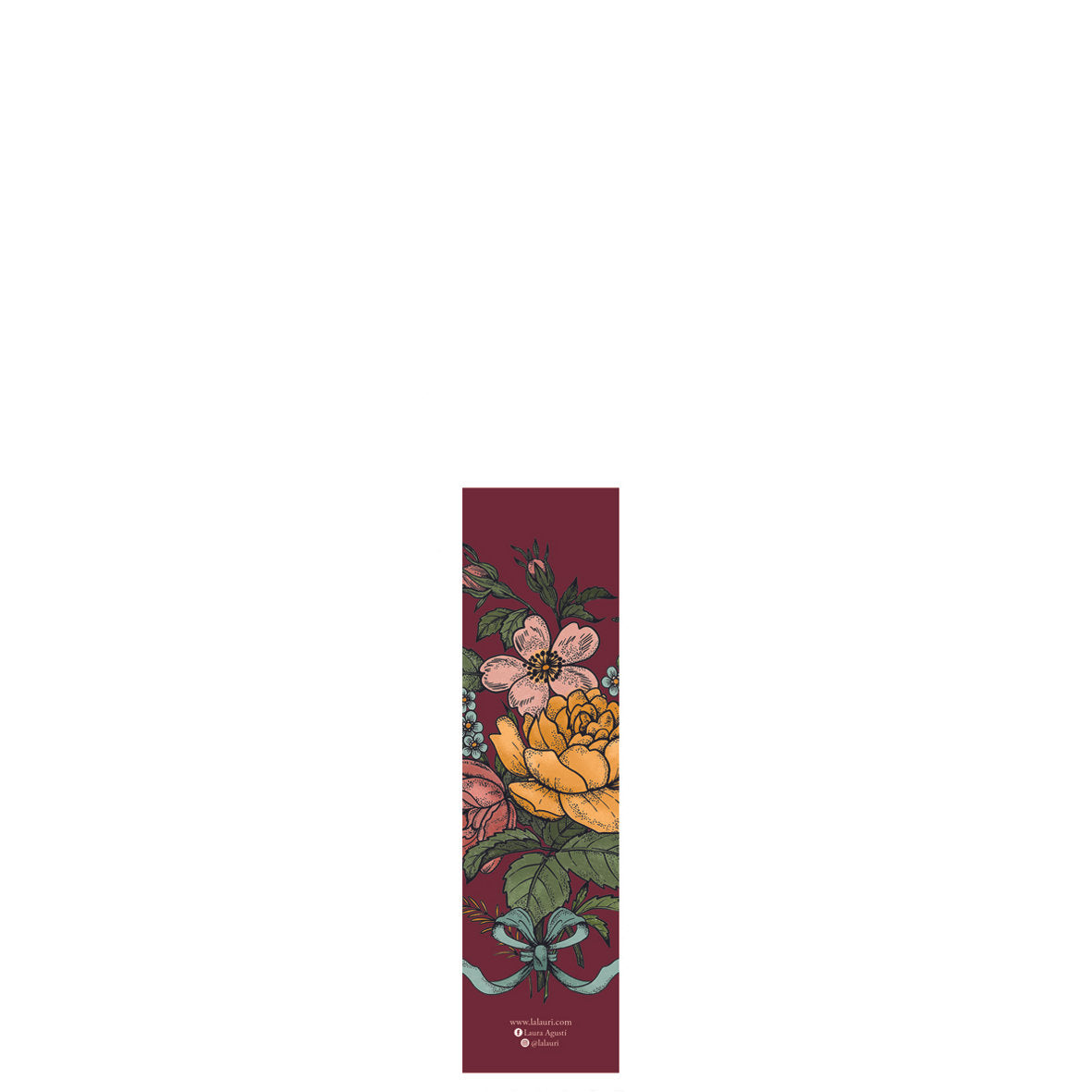 Parte trasera del punto de libro granate con ilustración de Laura Agustí de flores y una liebre saltando