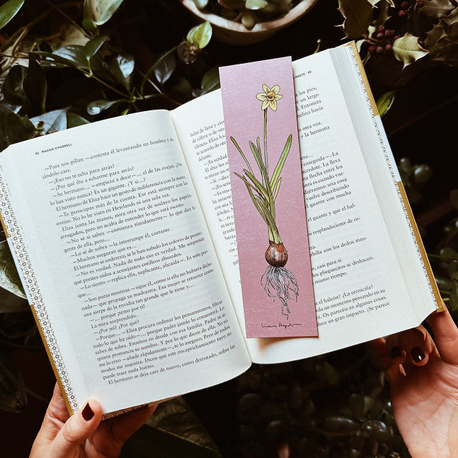 Libro abierto sobre unas plantas y con un punto de libro rosa con ilustración de Laura Agustí de flor de narciso con bulbo