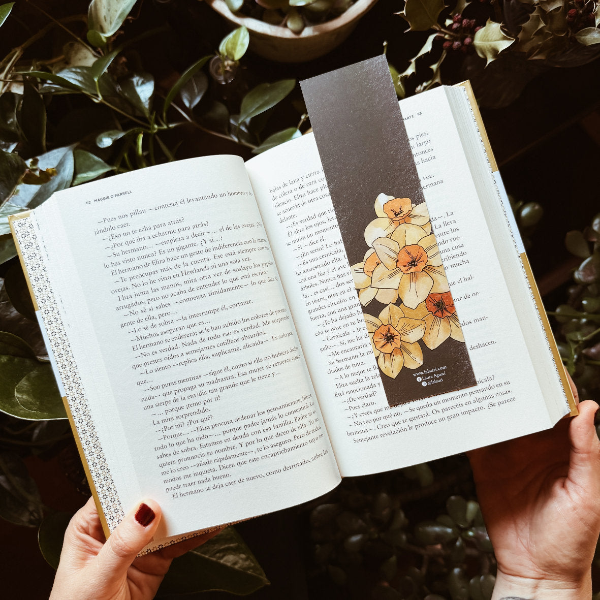 Libro abierto sobre unas plantas y con un punto de libro gris con ilustración de Laura Agustí de flores de narciso