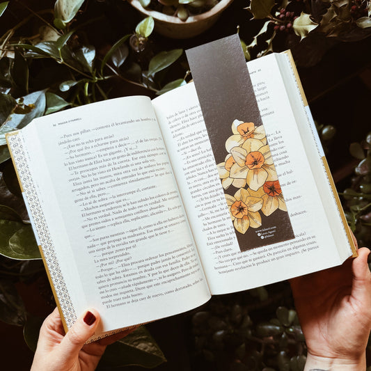 Libro abierto sobre unas plantas y con un punto de libro gris con ilustración de Laura Agustí de flores de narciso