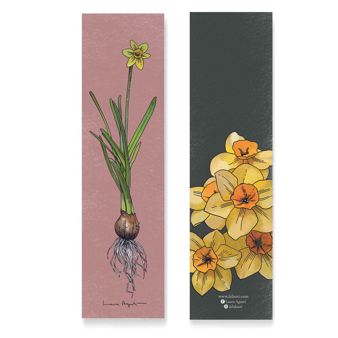 Punto de libro reversible gris y rosa con ilustración de Laura Agustí de flores de narciso