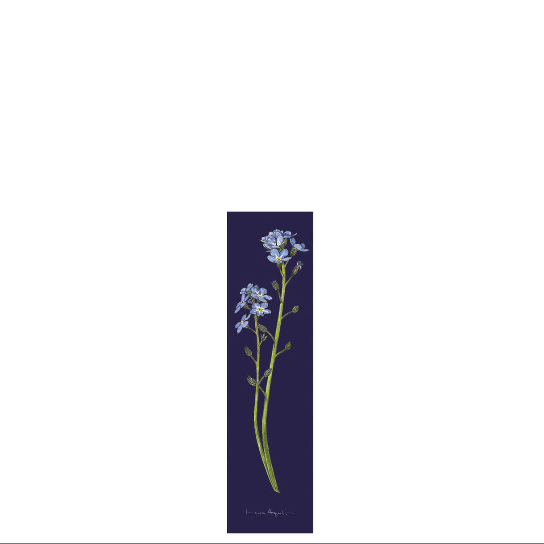 Punto de libro azul oscuro con ilustración de flores de nomeolvides morados