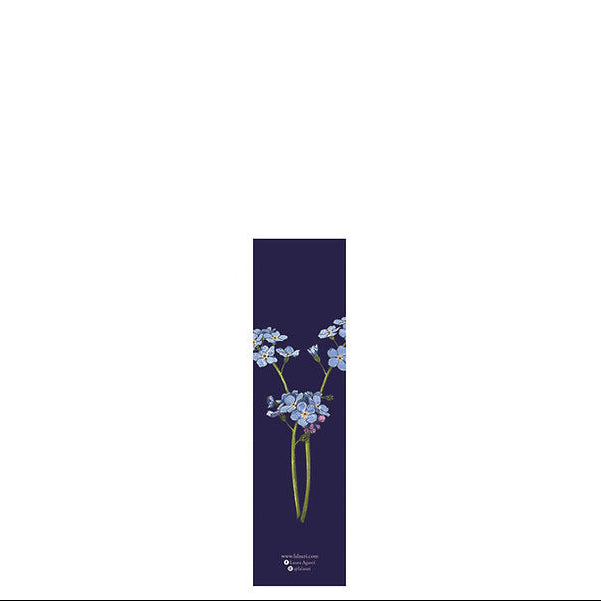 Punto de libro azul oscuro con ilustración de flores de nomeolvides morados
