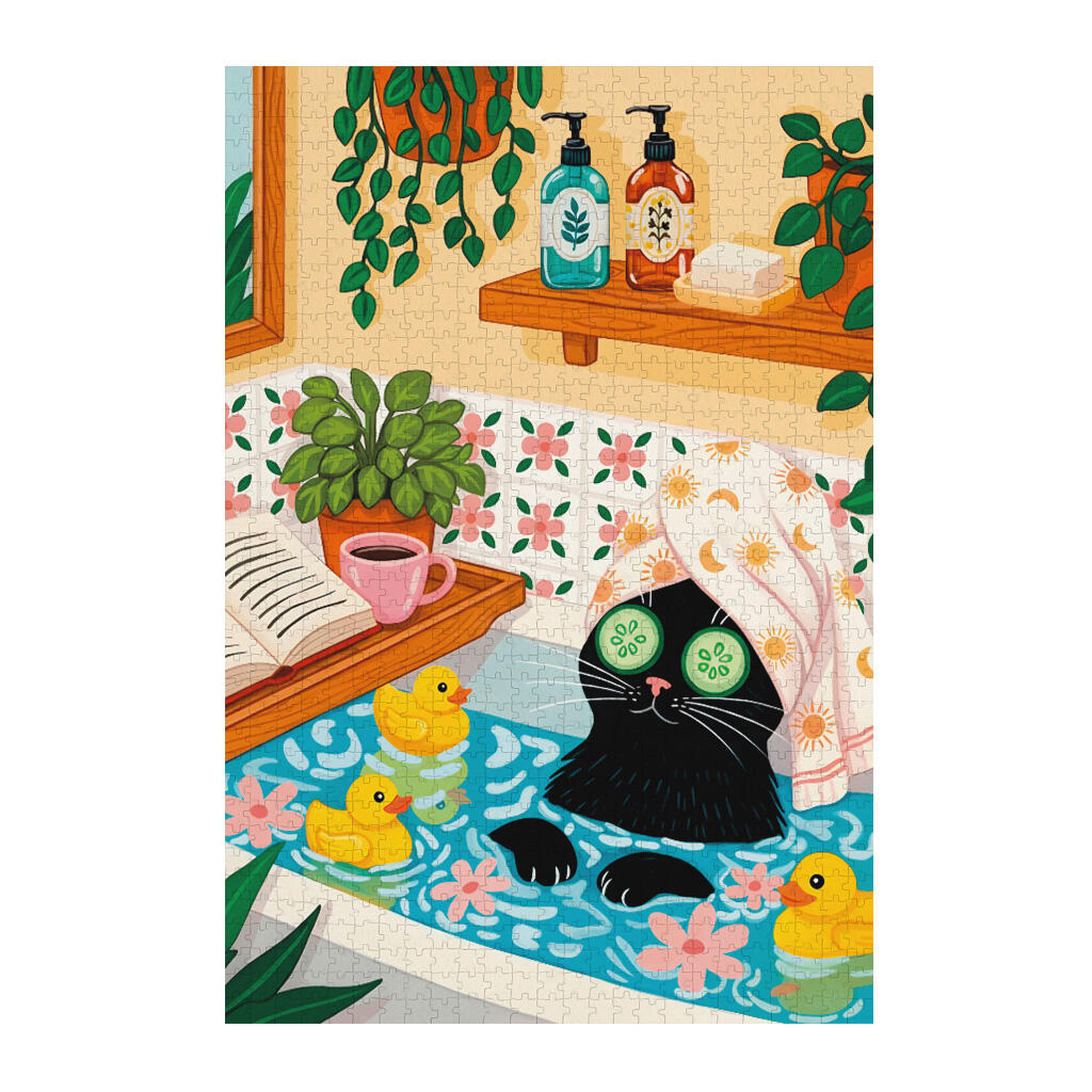 Puzzle de mil piezas con la ilustración de un gato negro en una bañera con muchos patos de goma y rodajas de pepino en los ojos ya montado