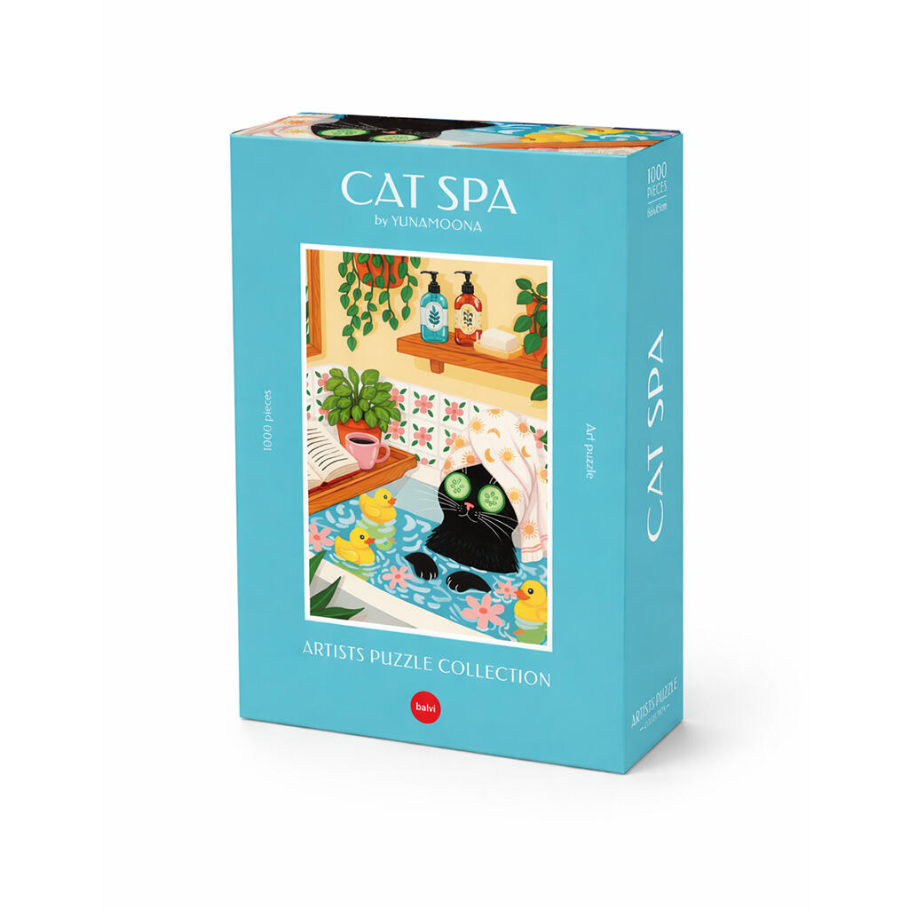 Caja del puzzle de mil piezas con la ilustración de un gato negro en una bañera con muchos patos de goma y rodajas de pepino en los ojos