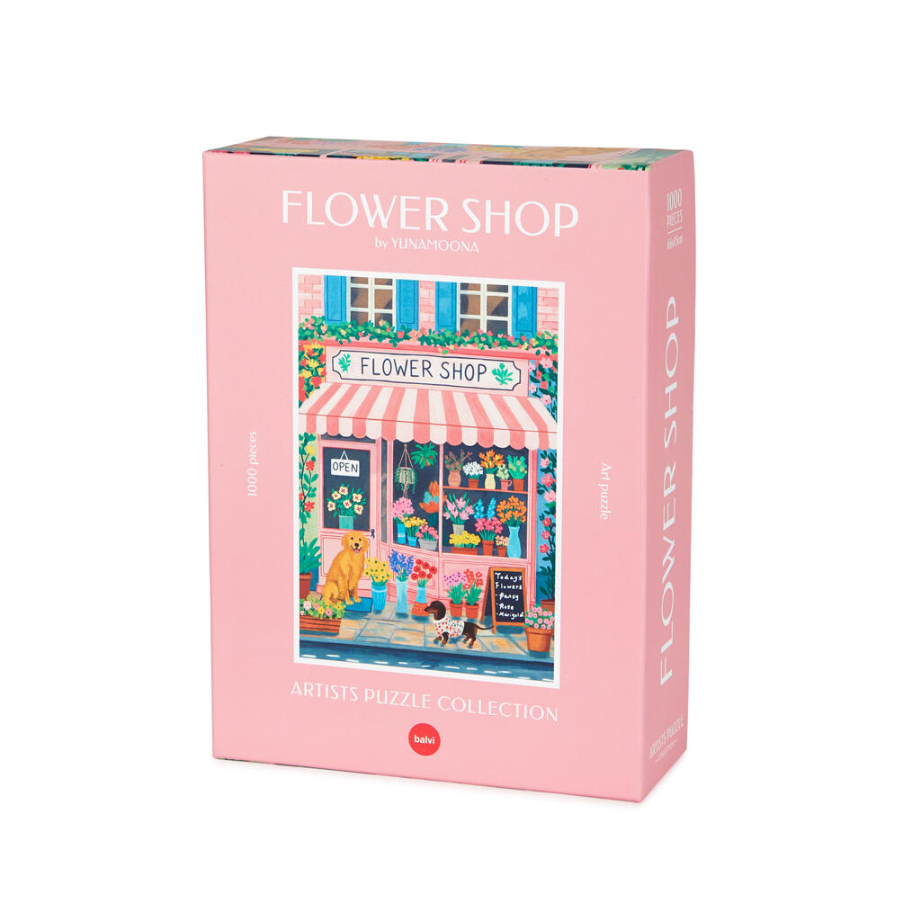 Puzzle de 1000 piezas con ilustración de la fachada de una floristería y dos perritos