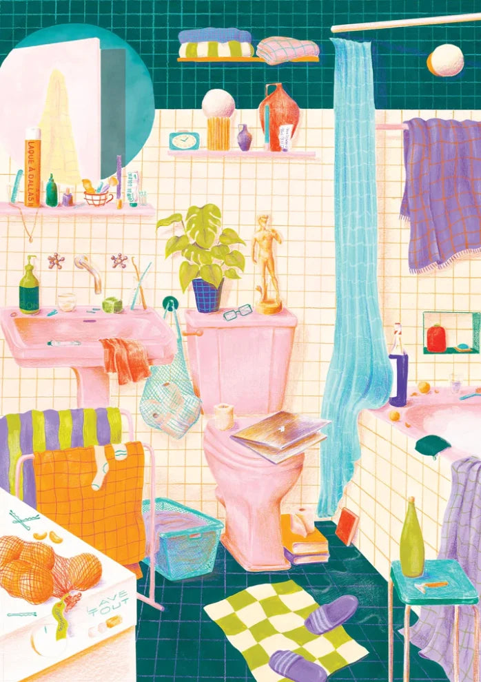 Imagen del puzzle de 500 piezas montado donde vemos un baño colorido y con claros signos de vida dentro. 