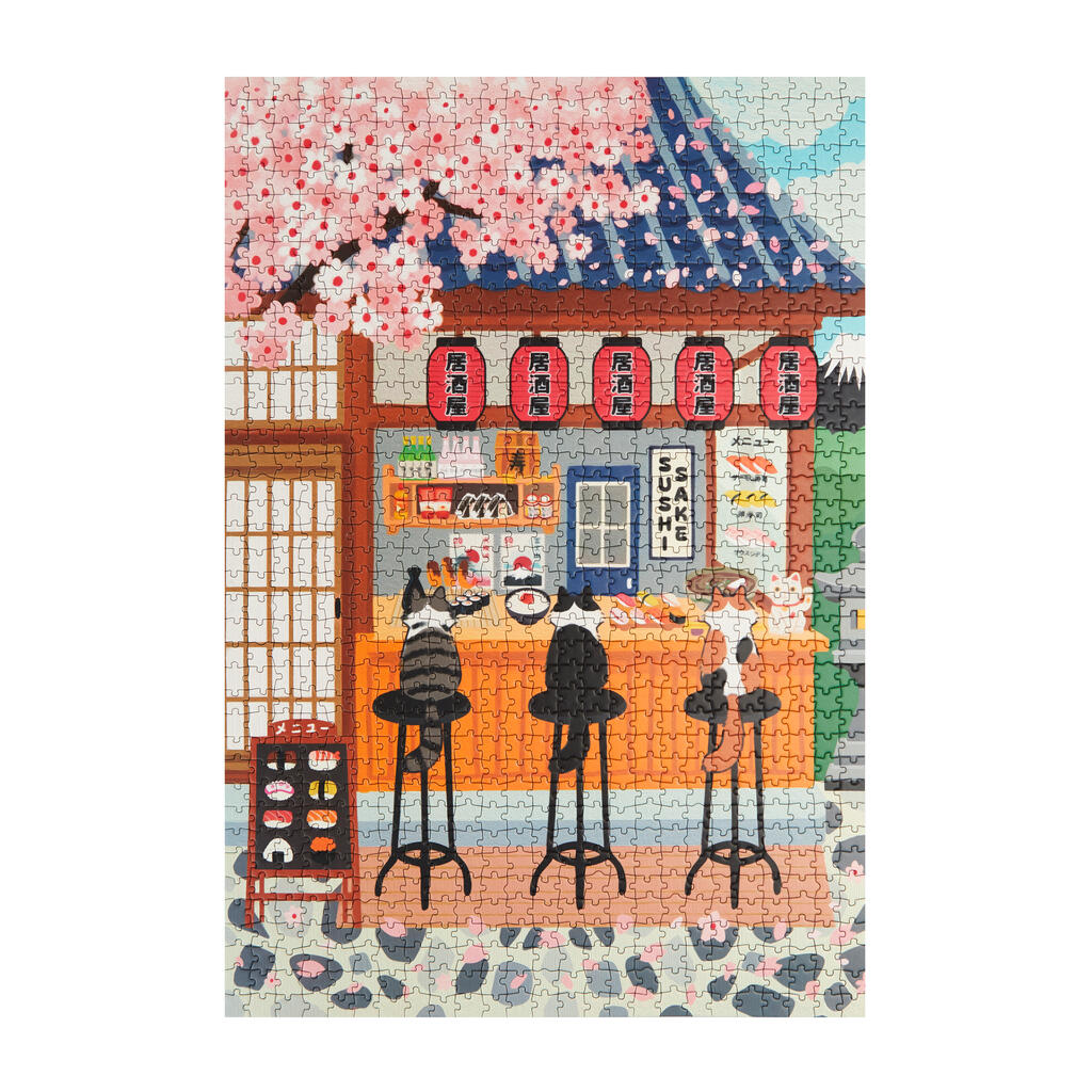 Puzzle de 1000 piezas con ilustración de tres gatos comiendo sushi en un restaurante japonés