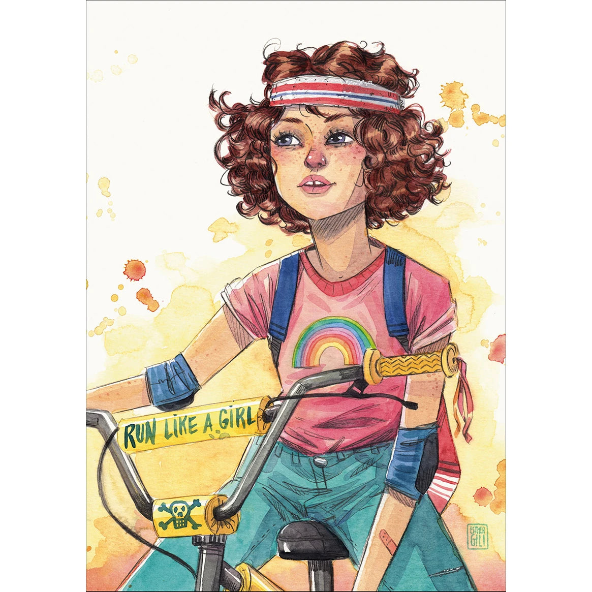 Postal con ilustración de Esther Gili de una chica en una bici vestida de los 80.