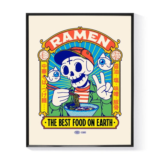ilustración por yeaaah studio de un esqueleto comiendo ramen con el texto "best food on earth"