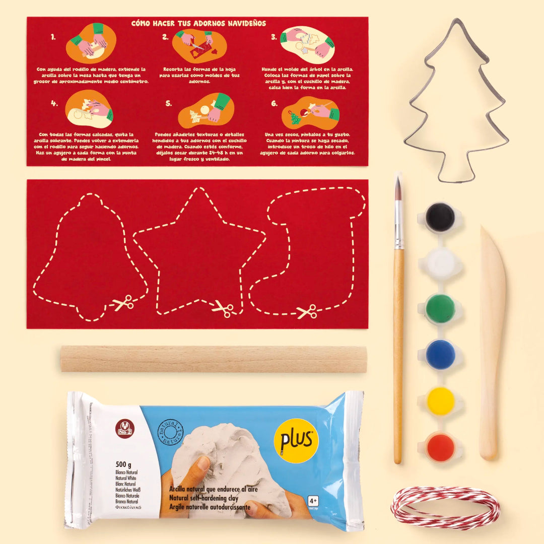 Kit DIY Adornos Navideños de Resetea con pinturas, herramientas e instrucciones.