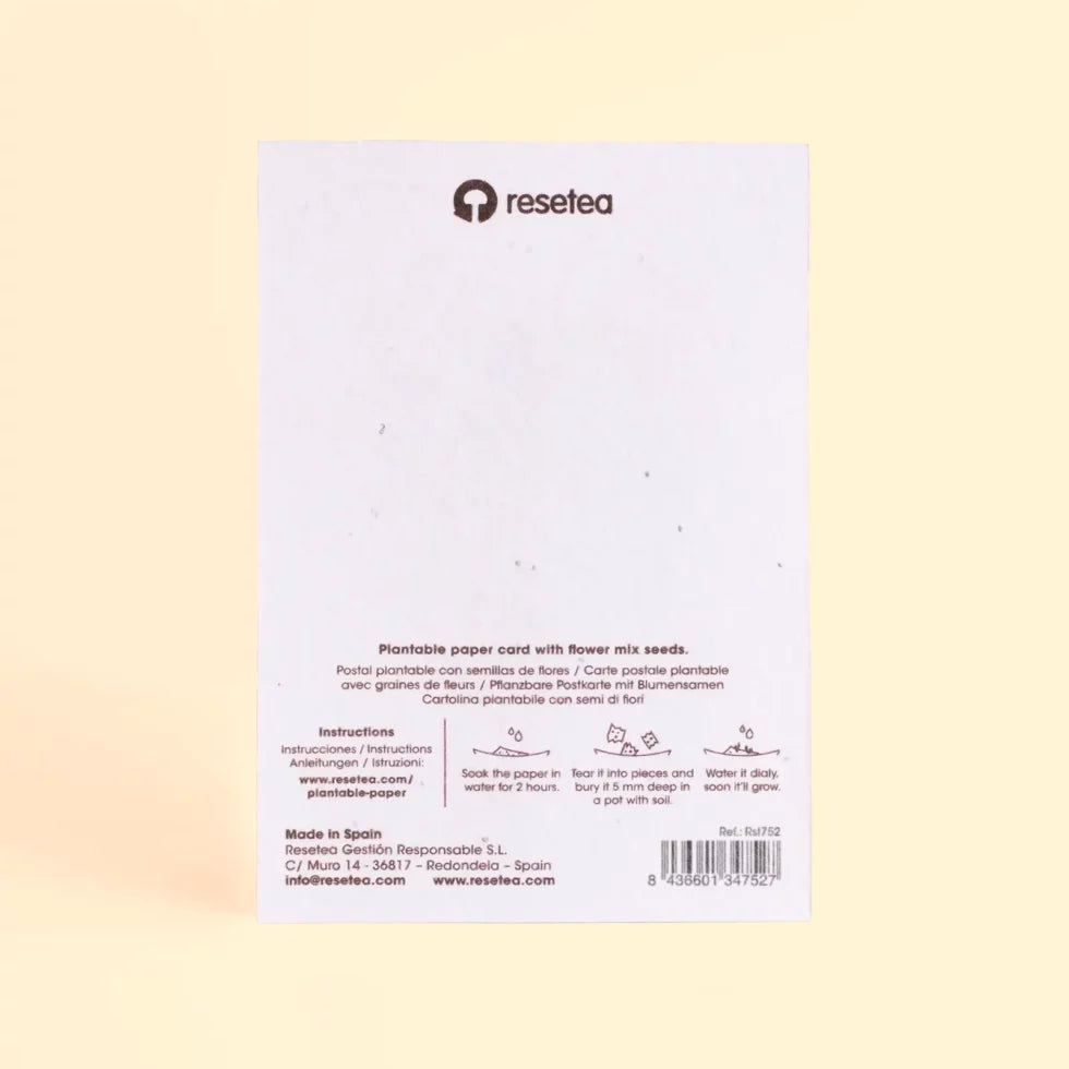 parte de atrás de la postal plantable Good news con semillas de mix de flores