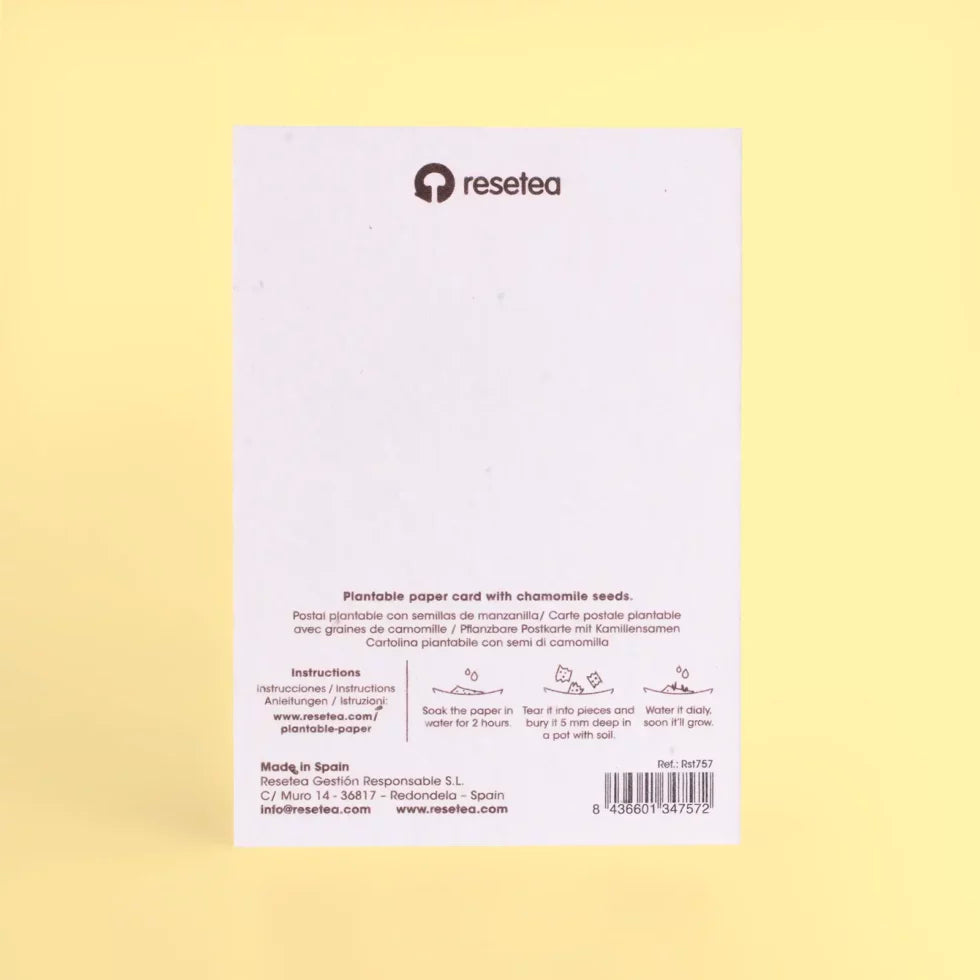 parte de atrás de la postal plantable Do not disturb con semillas de manzanilla