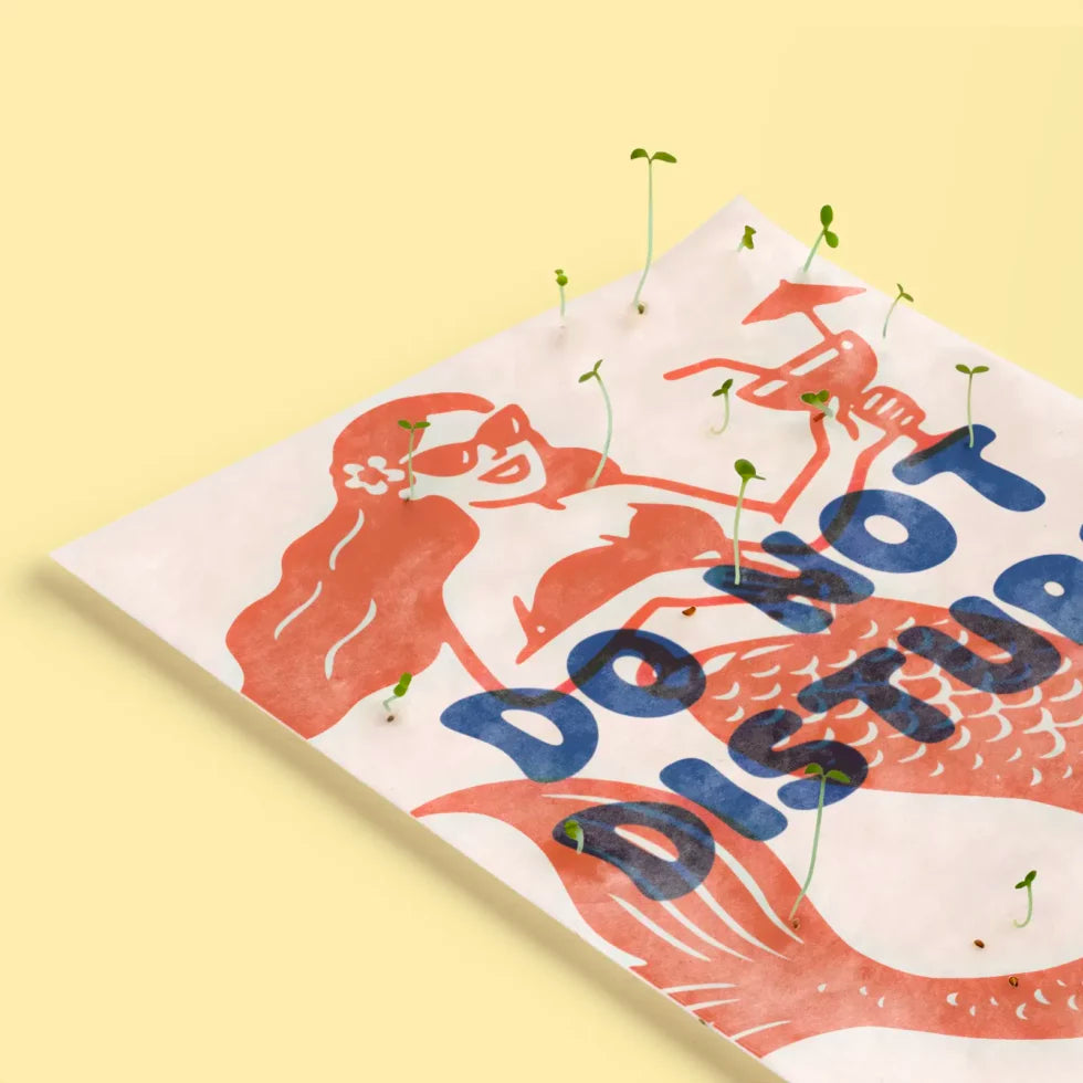 detalle de la postal con semillas dentro de la marca resetea con una sirena sonriendo con gafas de sol y una bebida en la mano dibujada en color rojo con el texto Do Not Disturb en color azul con brotes creciendo de ella