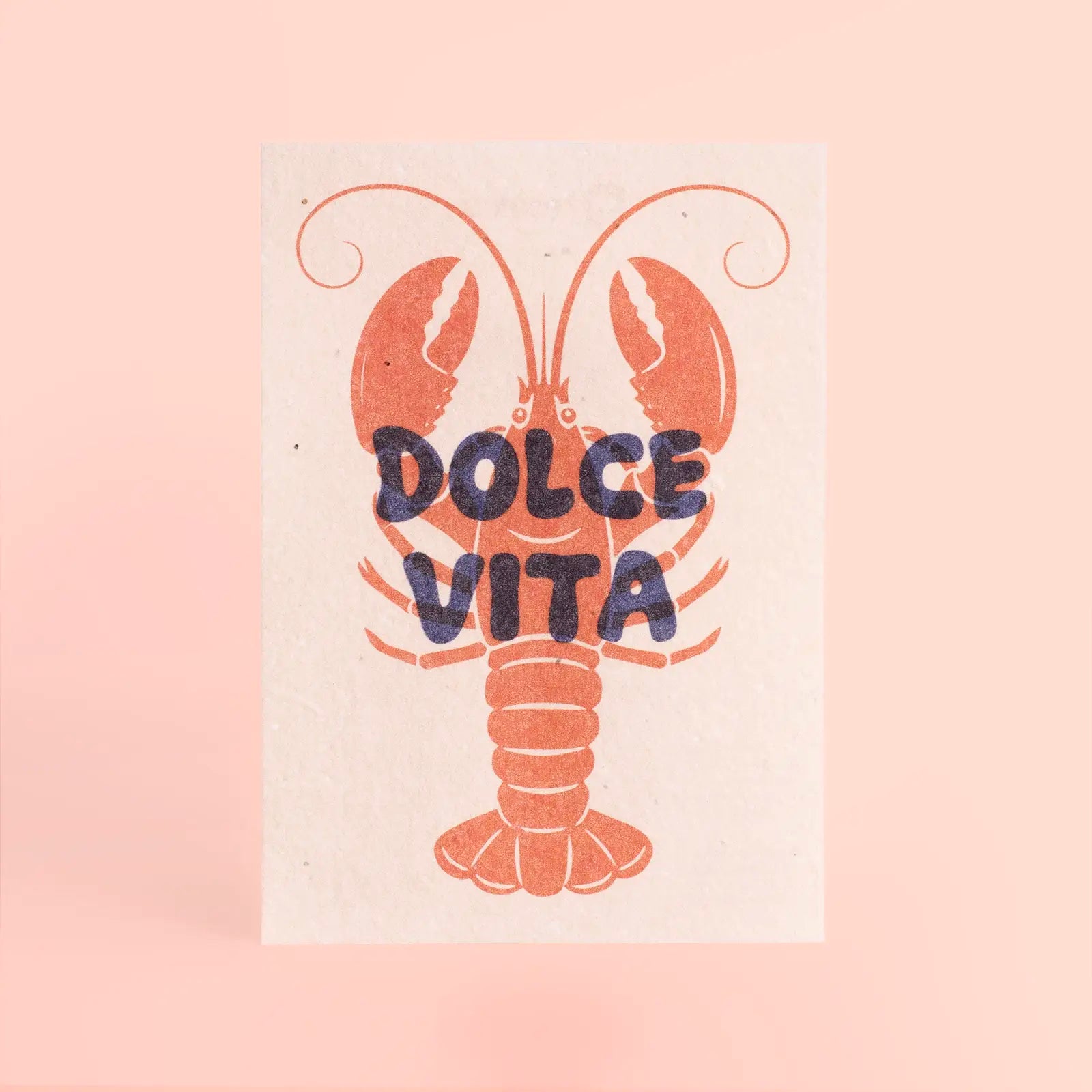 postal con semillas dentro de la marca resetea con una langosta dibujada en color rojo con el texto Dolce Vita en color azul