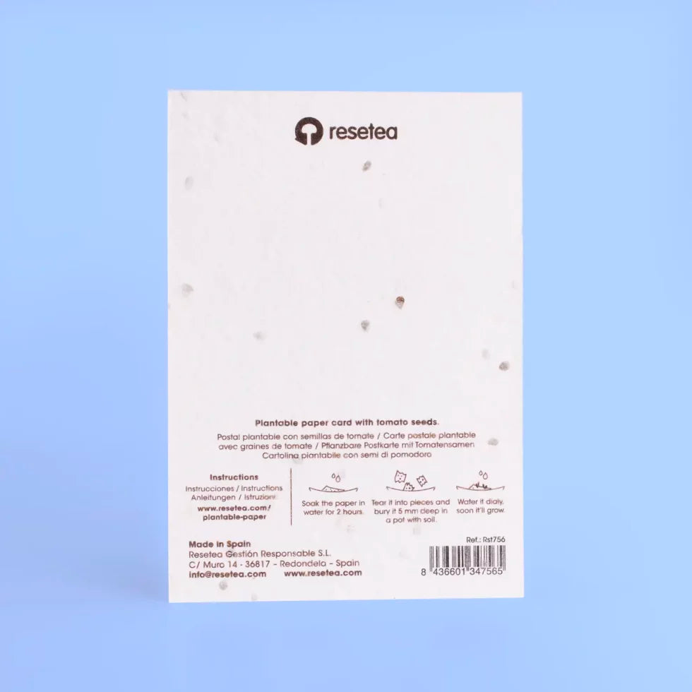 parte de atrás de la postal plantable Out Of Office con semillas de tomate