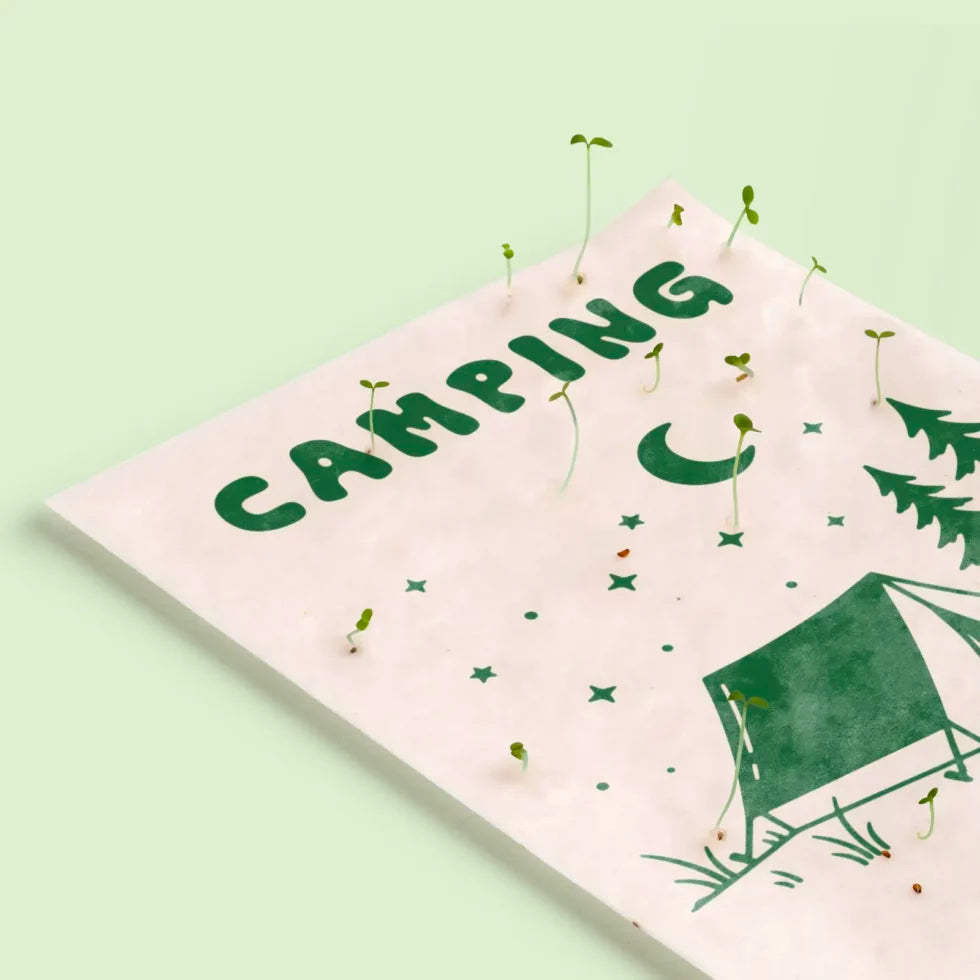 detalle de la postal con semillas dentro de la marca resetea con un dibujo de una tienda de campaña, unos árboles y la luna y las estrellas con el texto Camping con brotes creciendo de ella