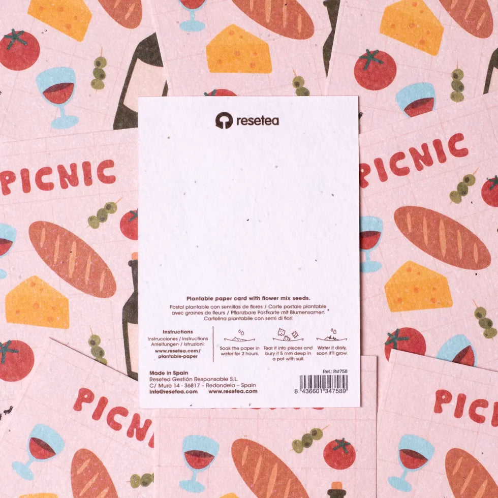 parte de detrás de la postal plantable picnic con semillas de mix de flores