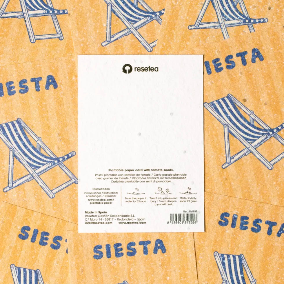 parte trasera de la postal con semillas siesta con semillas de tomate