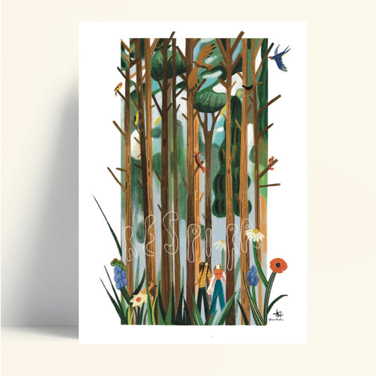 Ilustración de un bosque de árboles altos en cuyos troncos puede leerse RESPIRA. Alrededor flores, pájaros, animales y una pareja de personas mirando hacia arriba.