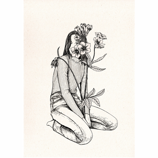 ilustración de la artista Laura Agustí de una chica arrodillada con una planta florida saliendo de entre las piernas y tapándole media cara