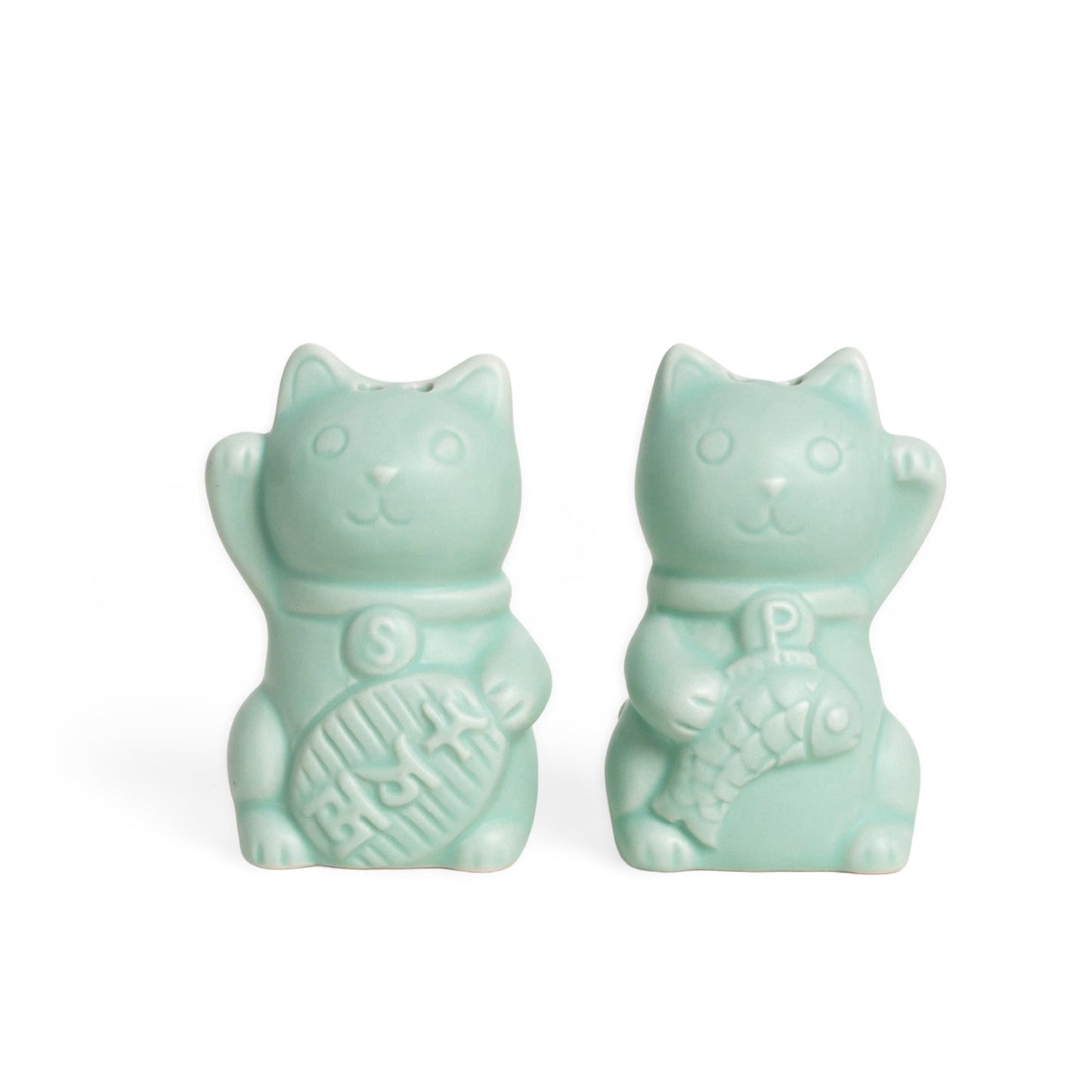 Set de sal y pimienta con forma de gato de la suerte verde jade
