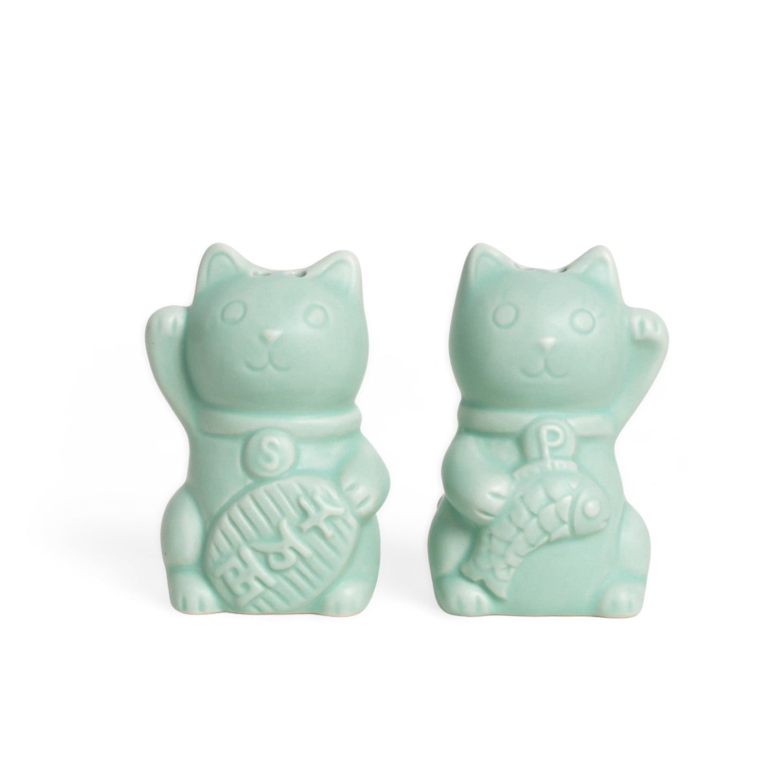 Set de sal y pimienta con forma de gato de la suerte verde jade