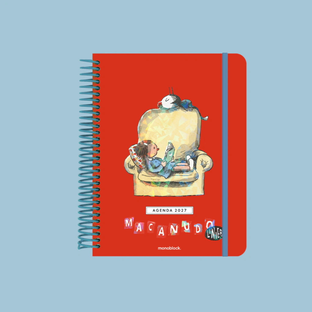 Portada de la agenda diaria para 2027 Sillón con organización a día por hoja e ilustración de Liniers de Enriqueta leyendo en un sillón rodeada de otros personajes de Macanudo